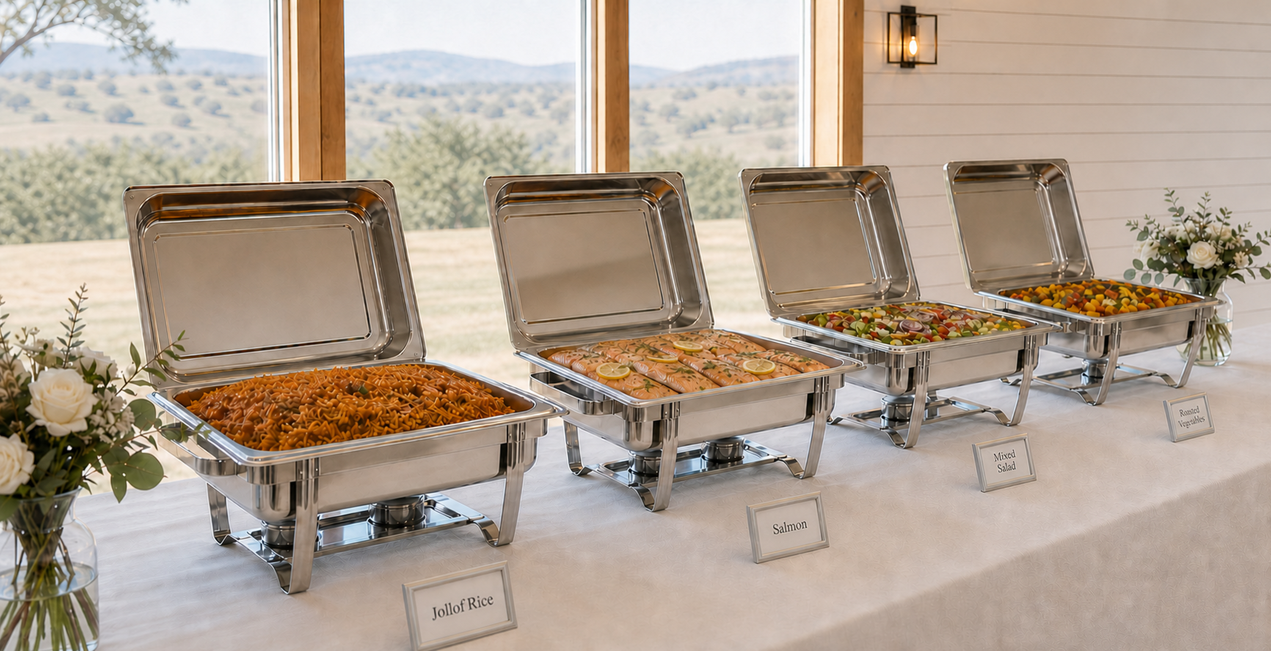 Chafing dishes of jollof rice, grilled protein and fresh sides set out for a catered event